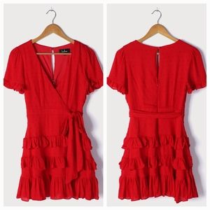 NWOT Lulu's Call Me Cute Red Swiss Dot Tiered Faux Wrap Mini Dress